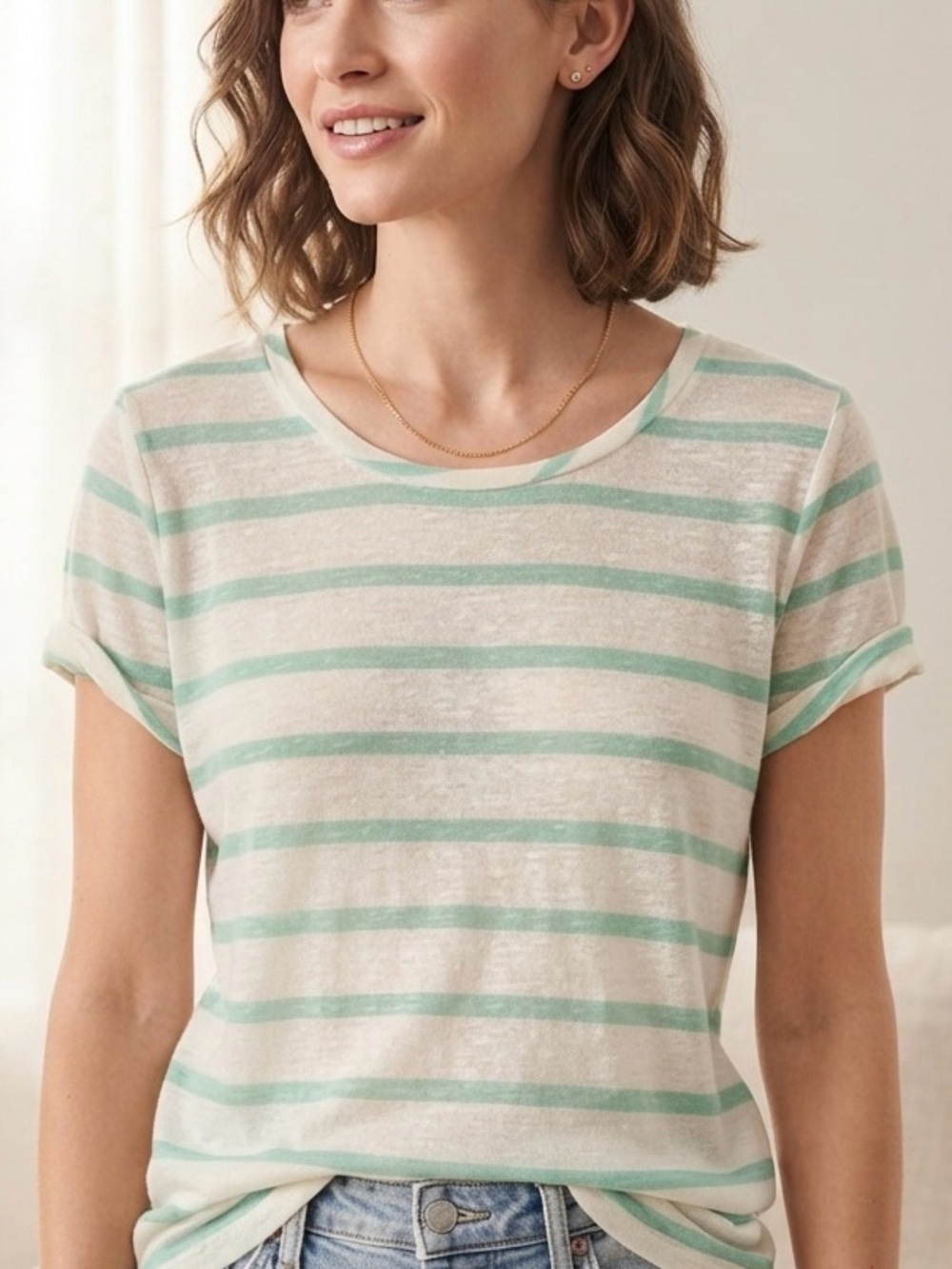 LOFT White and Mint Green Striped Short Sleeve Tee Shirt Medium Petite